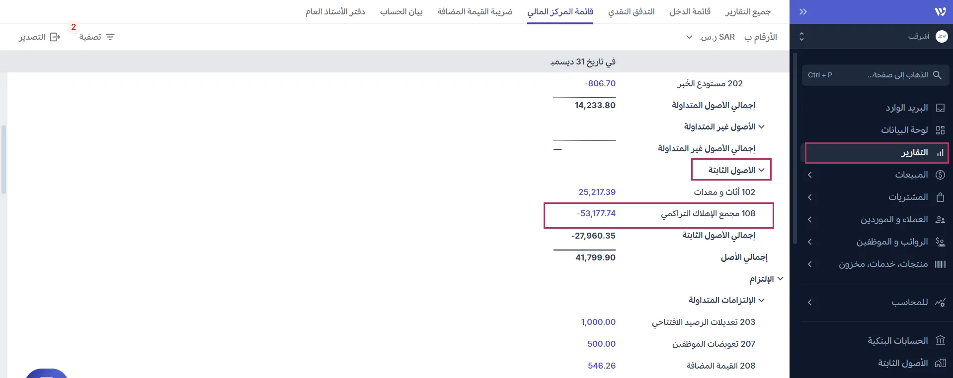 عرض مجمّع الإهلاك في قائمة المركز المالي